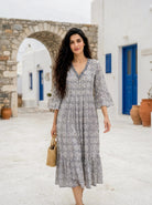 Multicolour Handblock Cotton Bell-Sleeve Dress with Pleated Yoke — product photo