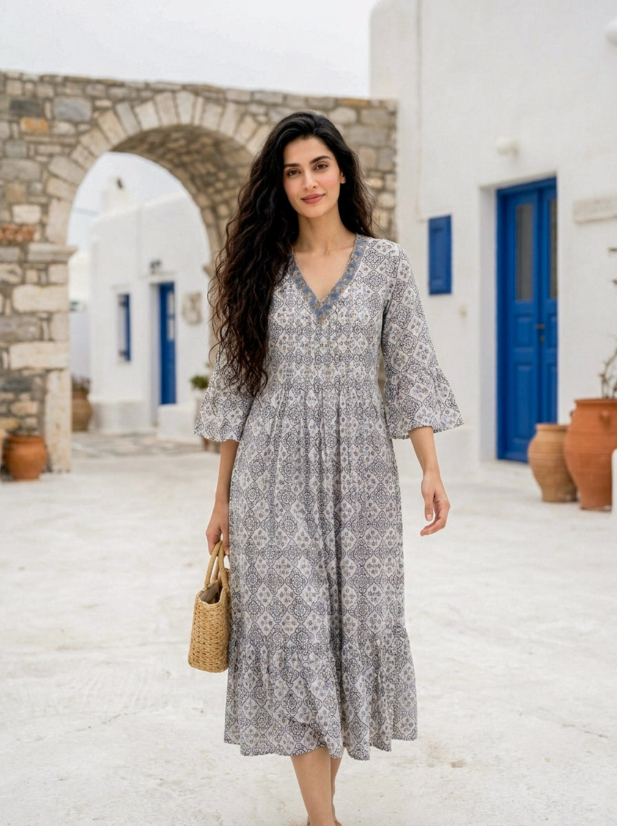 Multicolour Handblock Cotton Bell-Sleeve Dress with Pleated Yoke — product photo