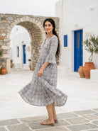 Multicolour Handblock Cotton Bell-Sleeve Dress with Pleated Yoke — product photo