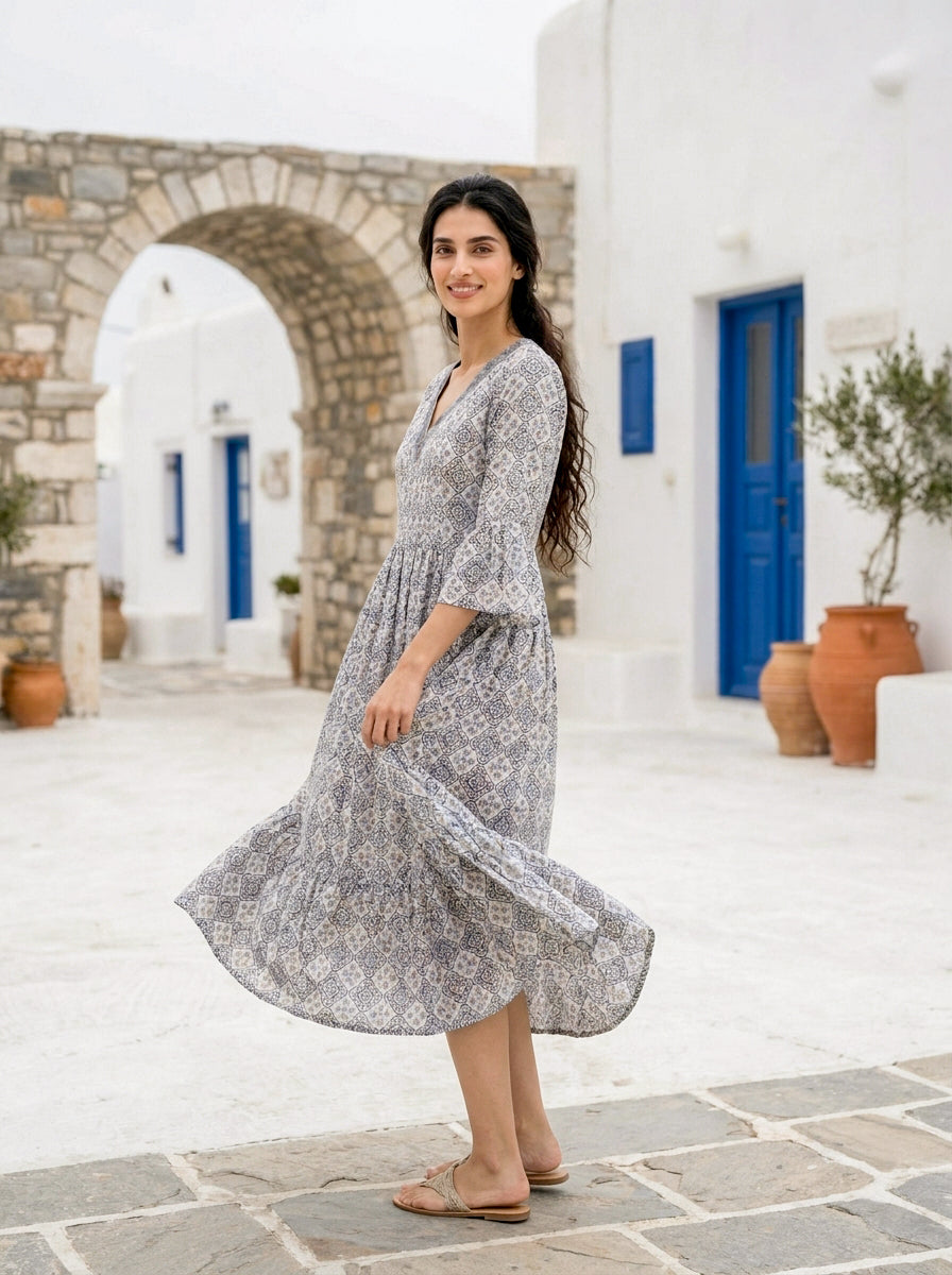 Multicolour Handblock Cotton Bell-Sleeve Dress with Pleated Yoke — product photo