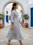 Multicolour Handblock Cotton Bell-Sleeve Dress with Pleated Yoke — product photo