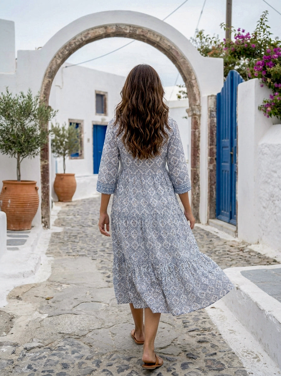 Multicolour Handblock Cotton Bell-Sleeve Dress with Pleated Yoke — product photo