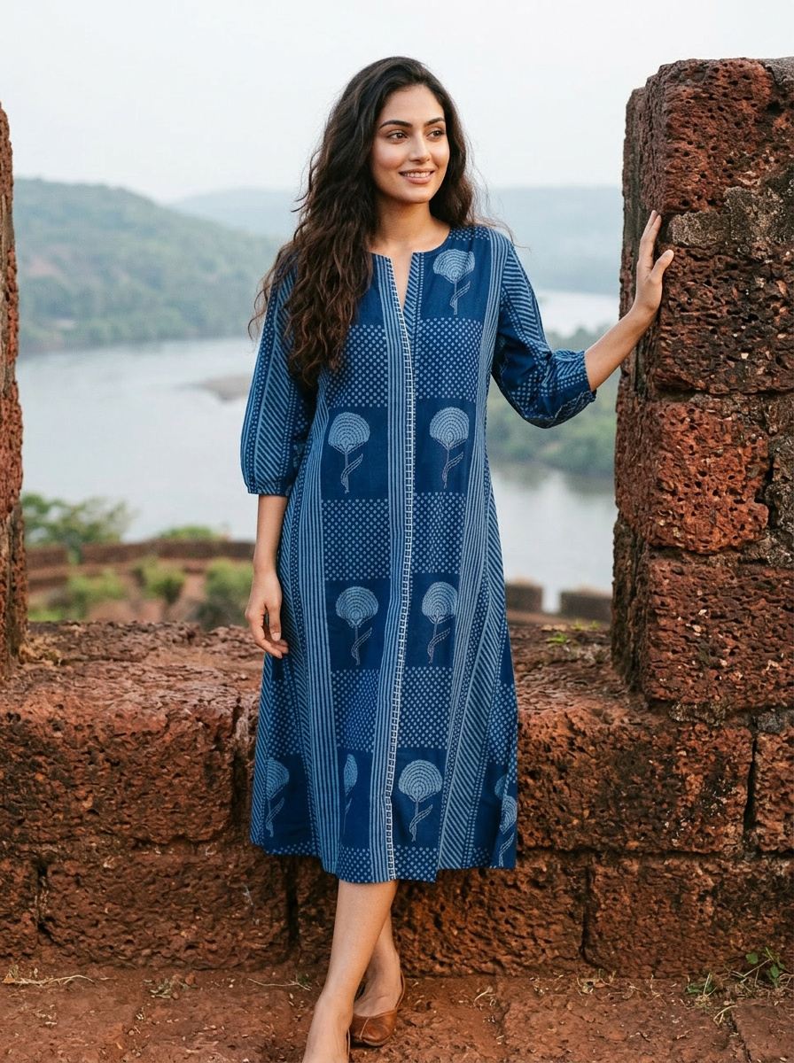Full-length model in indigo handblock V-neck dress with stripes, dots, and floral prints.