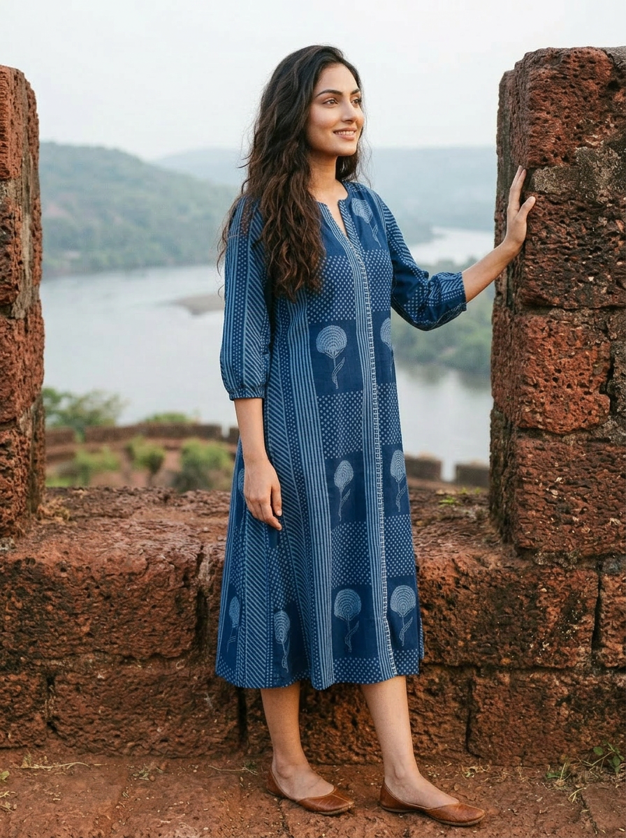 Woman in full-length indigo handblock cotton dress with V-neck, stripes and floral motifs.
