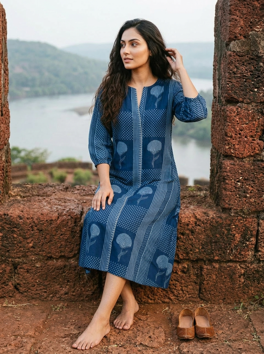 Model in full look indigo handblock cotton dress with floral and geometric prints.