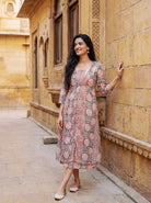 Peach & Charcoal Floral Handblock Cotton Layered Dress with Inner — styled look against a stone wall
