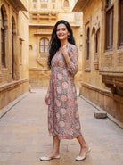 Peach & Charcoal Floral Handblock Cotton Layered Dress with Inner — open-front layered styling