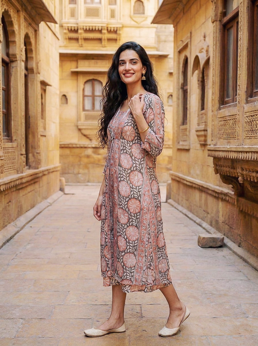 Peach & Charcoal Floral Handblock Cotton Layered Dress with Inner — open-front layered styling