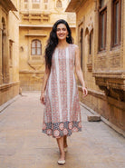 Peach & Charcoal Floral Handblock Cotton Layered Dress with Inner — matching sleeveless inner worn alone