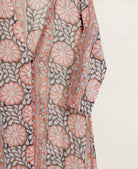 Peach & Charcoal Floral Handblock Cotton Layered Dress with Inner — hand block print fabric close-up