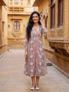 Peach & Charcoal Floral Handblock Cotton Layered Dress with Inner — front view
