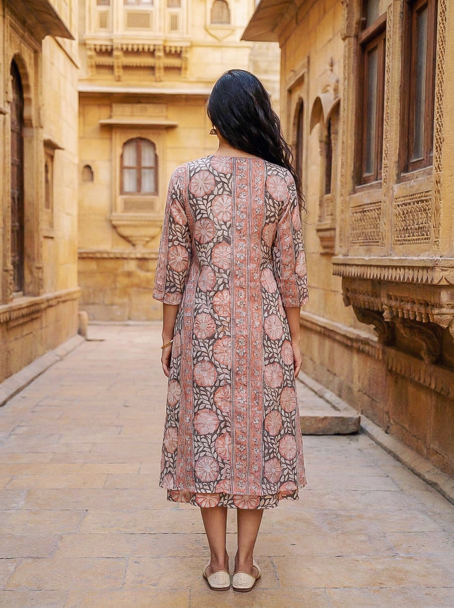 Peach & Charcoal Floral Handblock Cotton Layered Dress with Inner — back view