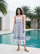 Blue & White Floral Cotton Smocked Midi Dress — front view