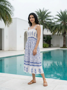 Blue & White Floral Cotton Smocked Midi Dress — side view