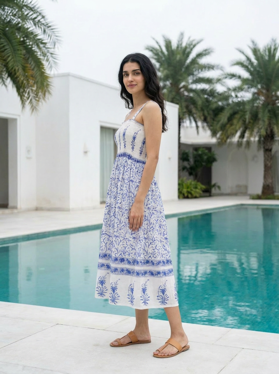 Blue & White Floral Cotton Smocked Midi Dress — three-quarter styled look