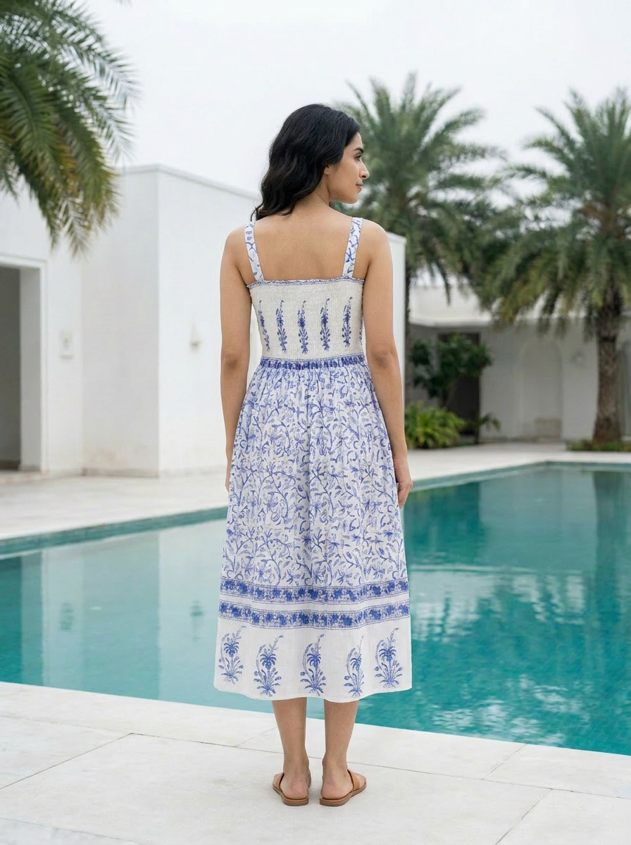 Blue & White Floral Cotton Smocked Midi Dress — back view