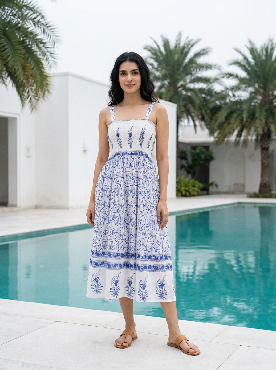 Blue & White Floral Cotton Smocked Midi Dress — full-length front look