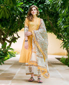 Mayukhi Straight Cut Hand Block Printed Front Slit Kurta — front view, three-piece set with block print dupatta