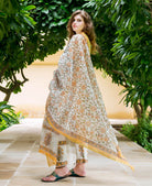 Mayukhi Straight Cut Hand Block Printed Front Slit Kurta — dupatta draped, showing the Chanderi jaal print