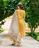 Mayukhi Straight Cut Hand Block Printed Front Slit Kurta — back view with the floral jaal print Chanderi dupatta