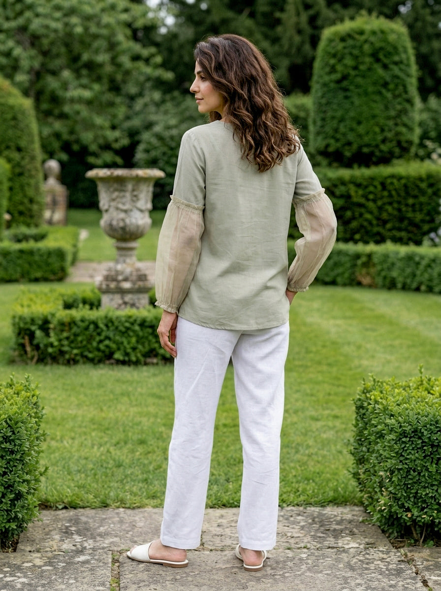 Sage Green Modal Top with Organza Sleeves — view 3