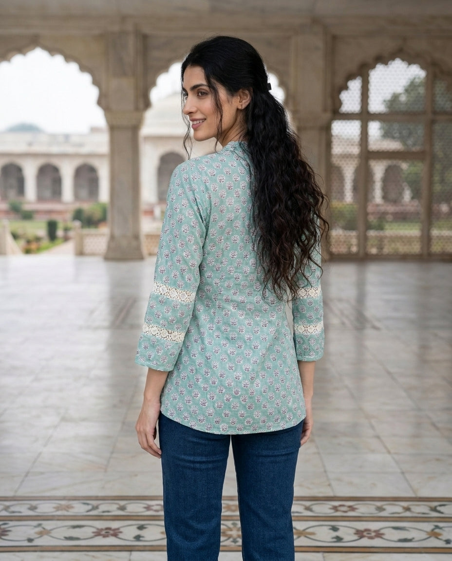 Aqua Handblock Cotton Mandarin Top with Lace Yoke — back view