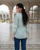 Aqua Handblock Cotton Mandarin Top with Lace Yoke — back view
