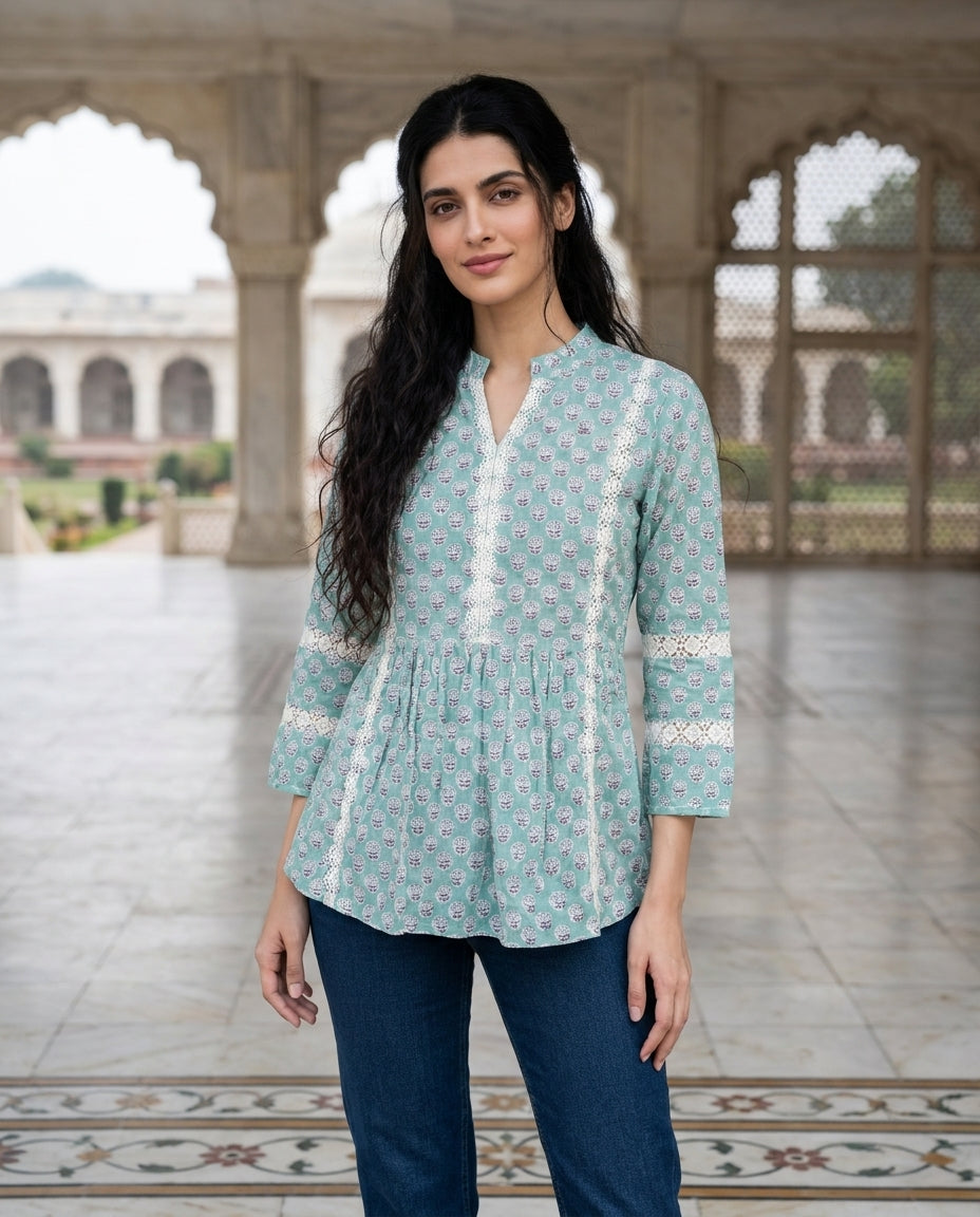 Aqua Handblock Cotton Mandarin Top with Lace Yoke — front view