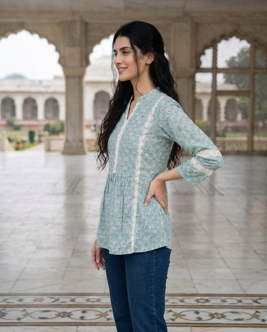 Aqua Handblock Cotton Mandarin Top with Lace Yoke — side view