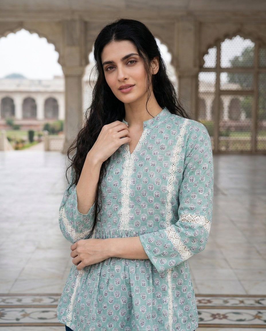 Aqua Handblock Cotton Mandarin Top with Lace Yoke — styled look