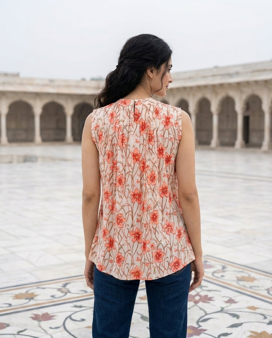 Ivory & Pink Halter-Neck Handblock Cotton Top — back view