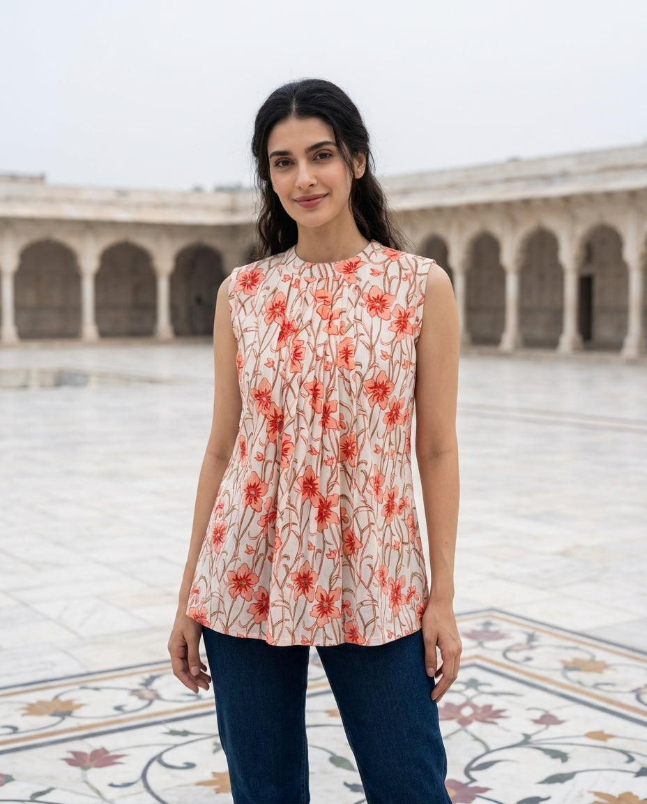 Ivory & Pink Halter-Neck Handblock Cotton Top — front view