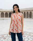 Ivory & Pink Halter-Neck Handblock Cotton Top — front view