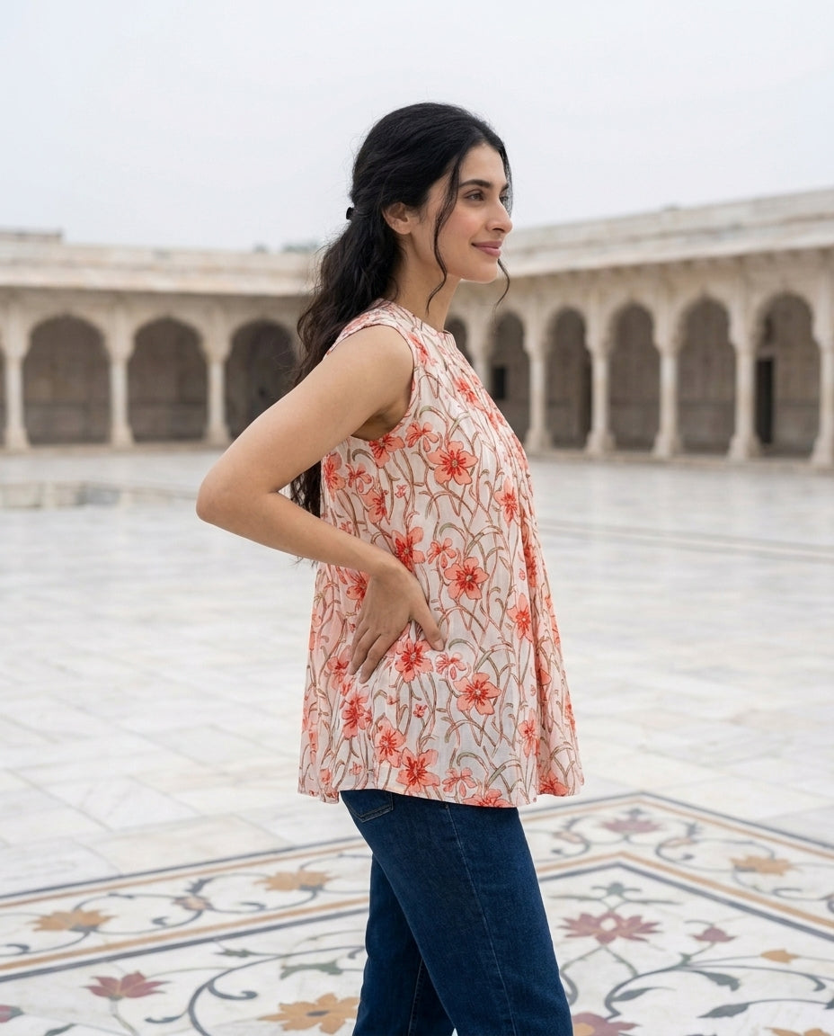 Ivory & Pink Halter-Neck Handblock Cotton Top — side view