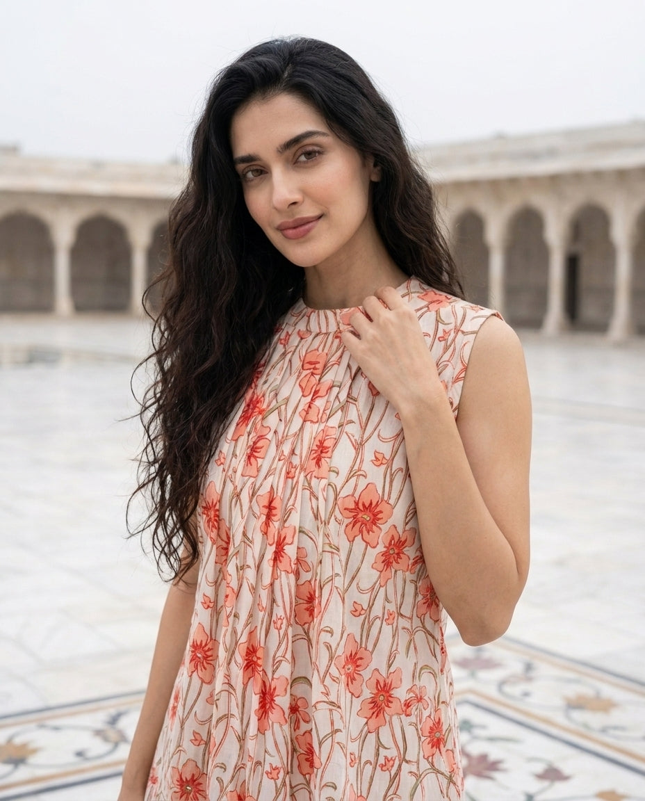 Ivory & Pink Halter-Neck Handblock Cotton Top — styled look