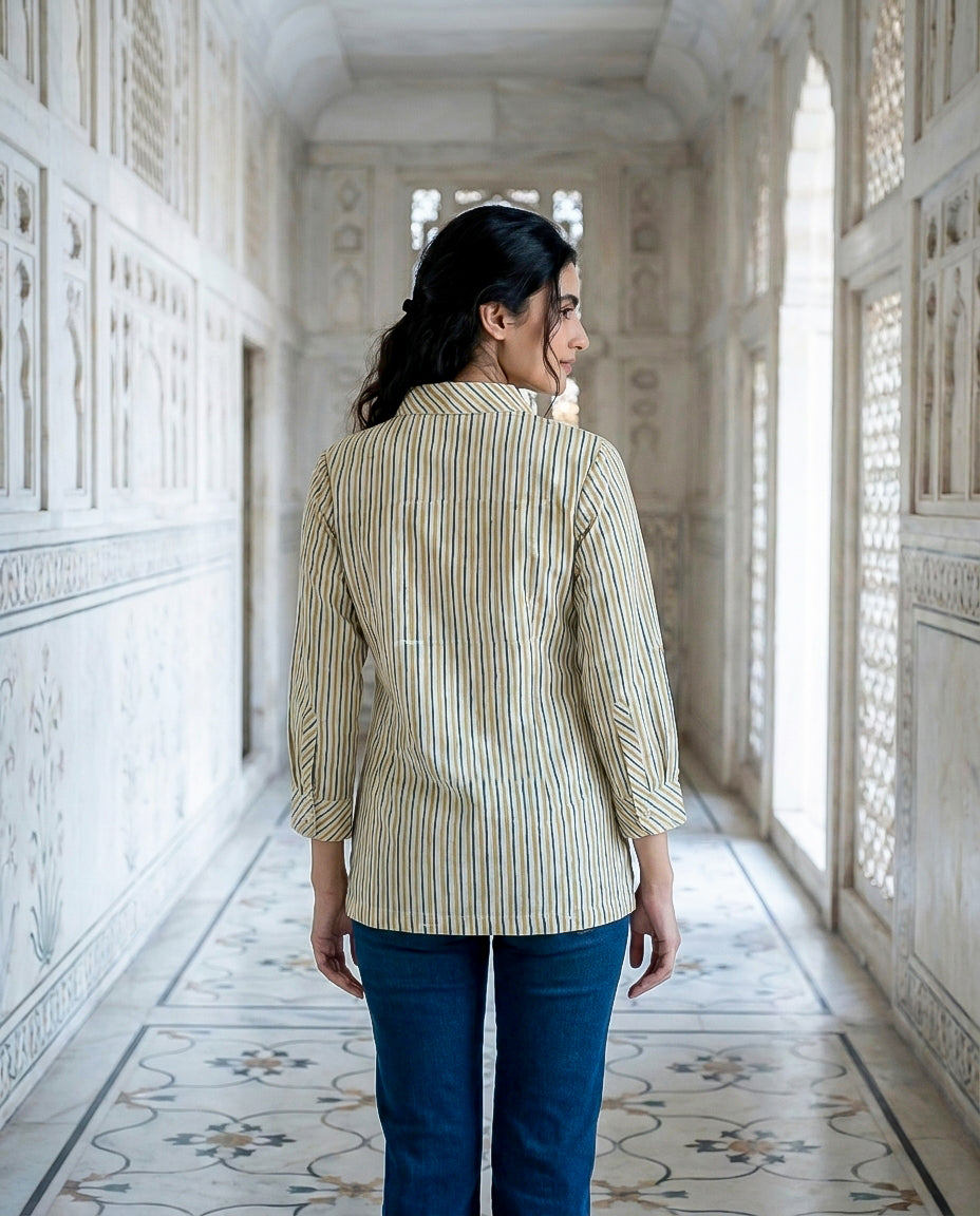 Ivory Multicolour Striped Handblock Cotton Tunic — back view