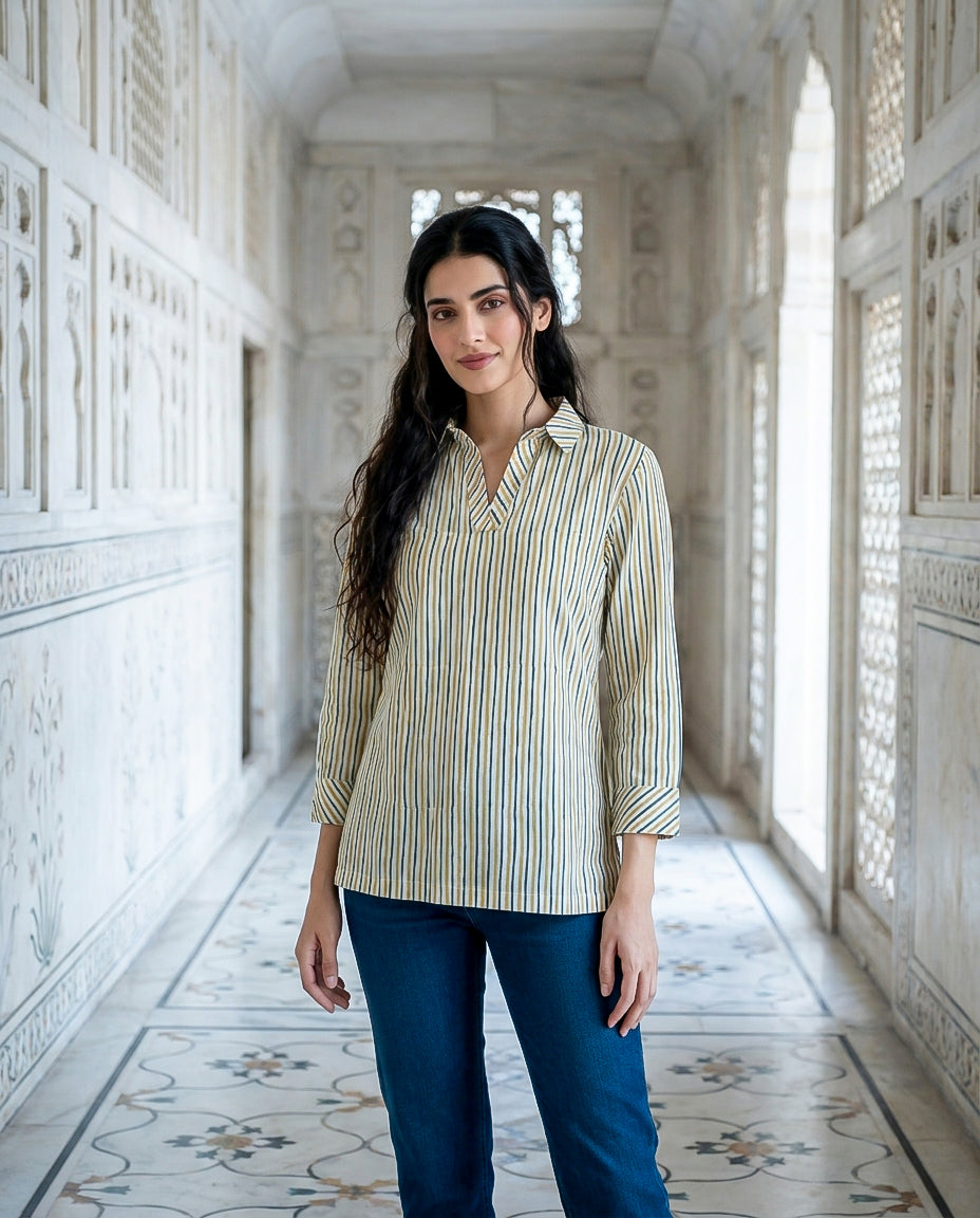 Ivory Multicolour Striped Handblock Cotton Tunic — front view