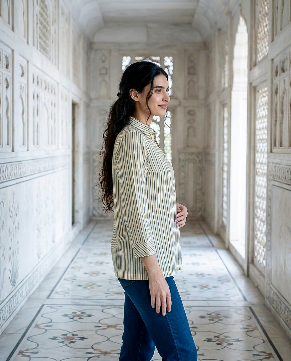Ivory Multicolour Striped Handblock Cotton Tunic — side view
