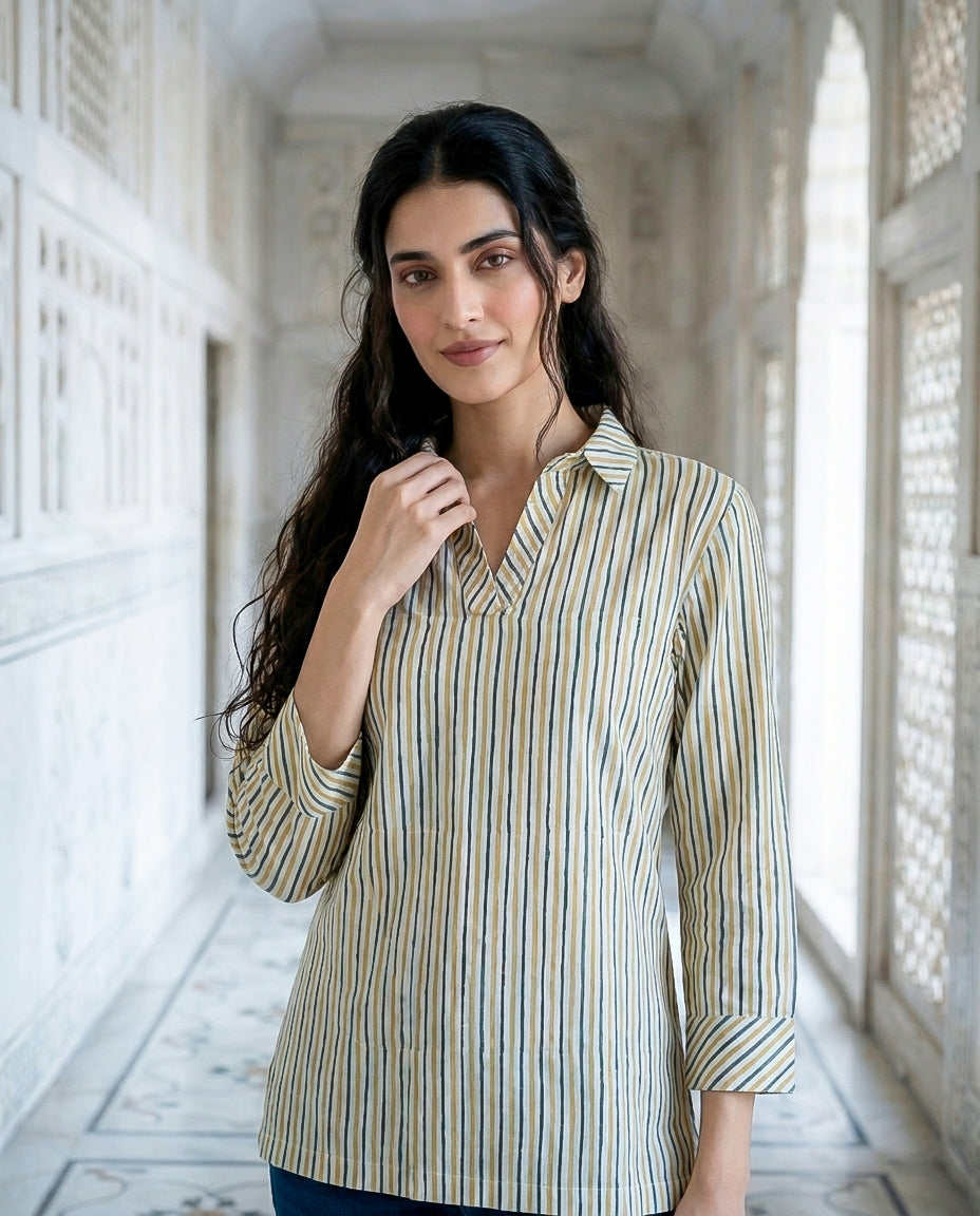 Ivory Multicolour Striped Handblock Cotton Tunic — styled look