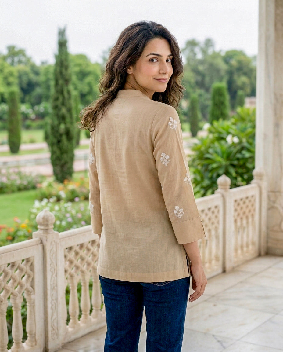 Beige Hand-Embroidered Cotton Shirt Top — back view