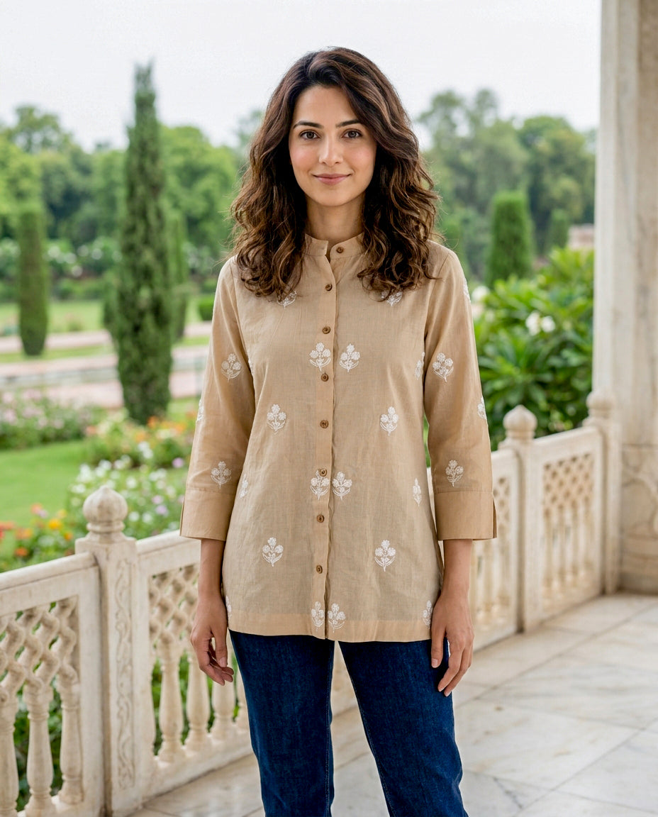 Beige Hand-Embroidered Cotton Shirt Top — front view