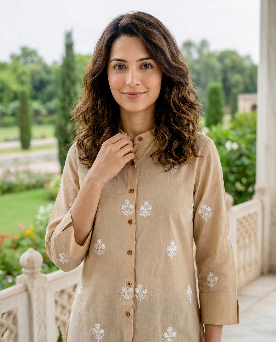 Beige Hand-Embroidered Cotton Shirt Top — styled look
