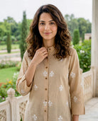 Beige Hand-Embroidered Cotton Shirt Top — styled look
