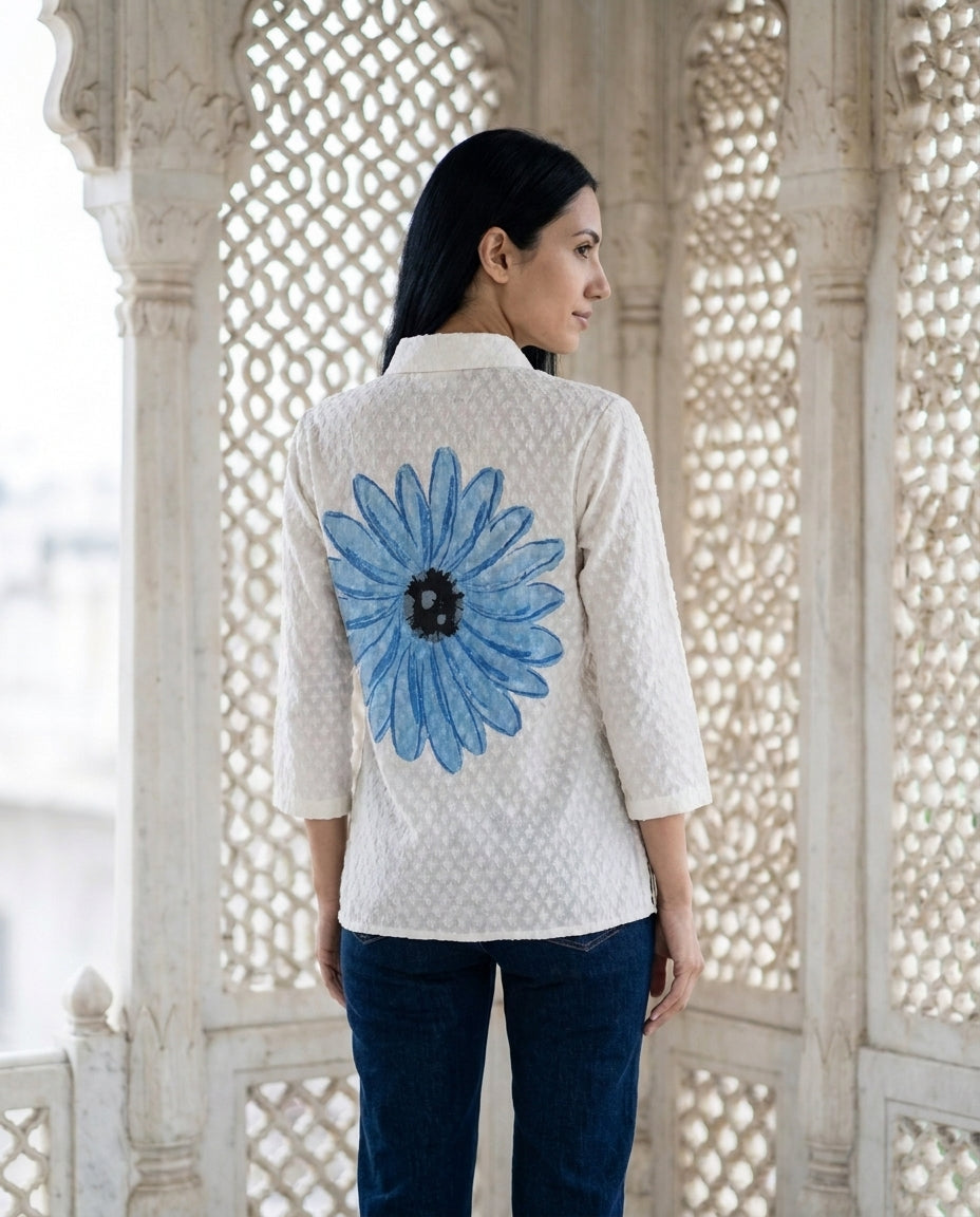 White Hand-Painted Jacquard Shirt Top — back view