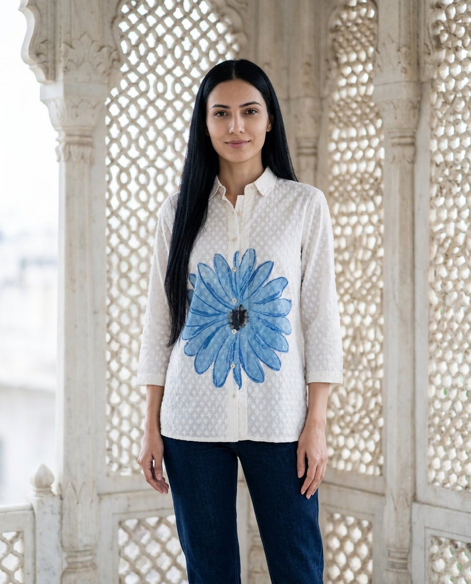 White Hand-Painted Jacquard Shirt Top — front view