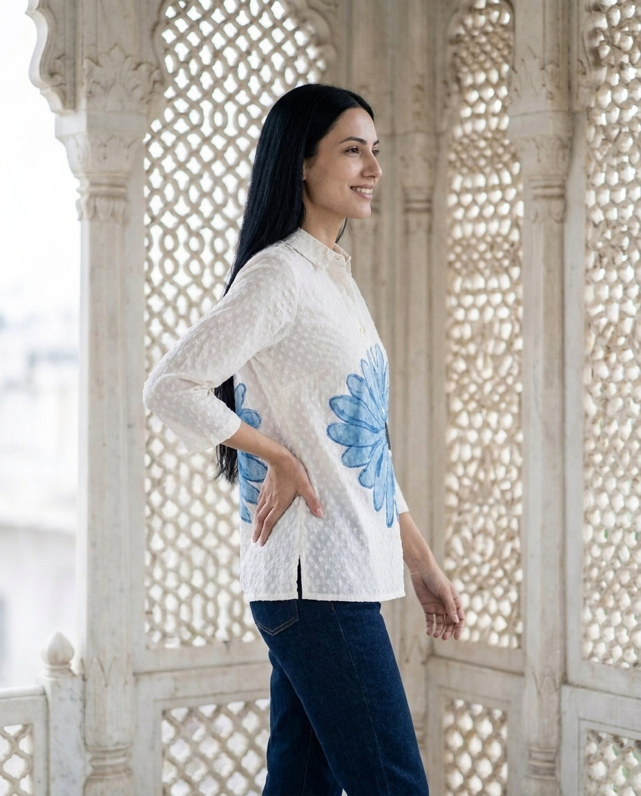 White Hand-Painted Jacquard Shirt Top — side view