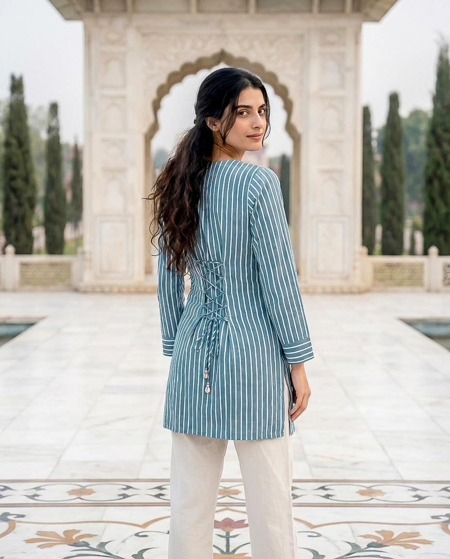 Aqua Handblock Cotton Short Kurta with Back Dori — back view