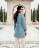 Aqua Handblock Cotton Short Kurta with Back Dori — back view