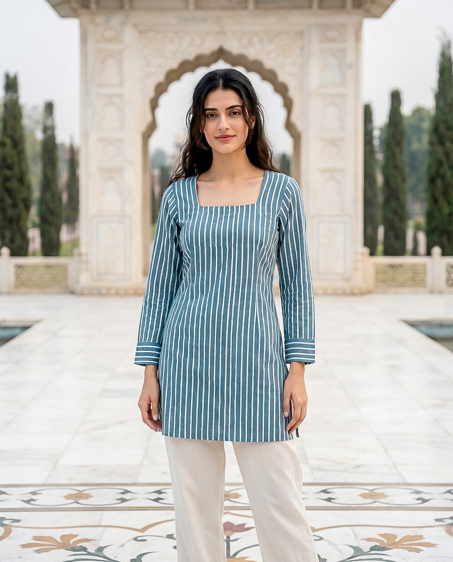 Aqua Handblock Cotton Short Kurta with Back Dori — front view