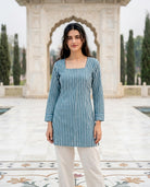 Aqua Handblock Cotton Short Kurta with Back Dori — front view